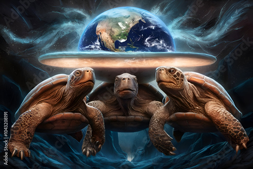 huge turtles holding Earth planet around Universe . fine art Digital artwork. Ai generated