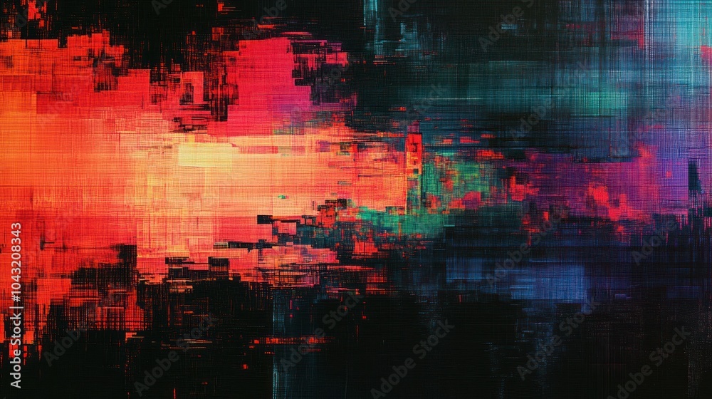 Obraz premium Abstract overlapping glitch lines with pixel distortion in bold red, blue, and green on a black background