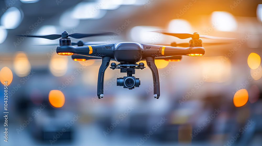 A Drone With a Camera is Hovering in an Industrial Setting During Early Evening Hours, Surrounded by Blurred Lights A Drone With a Camera is Hovering in an Industrial Setting During Early Evening Hours, Surrounded by Blurred Lights