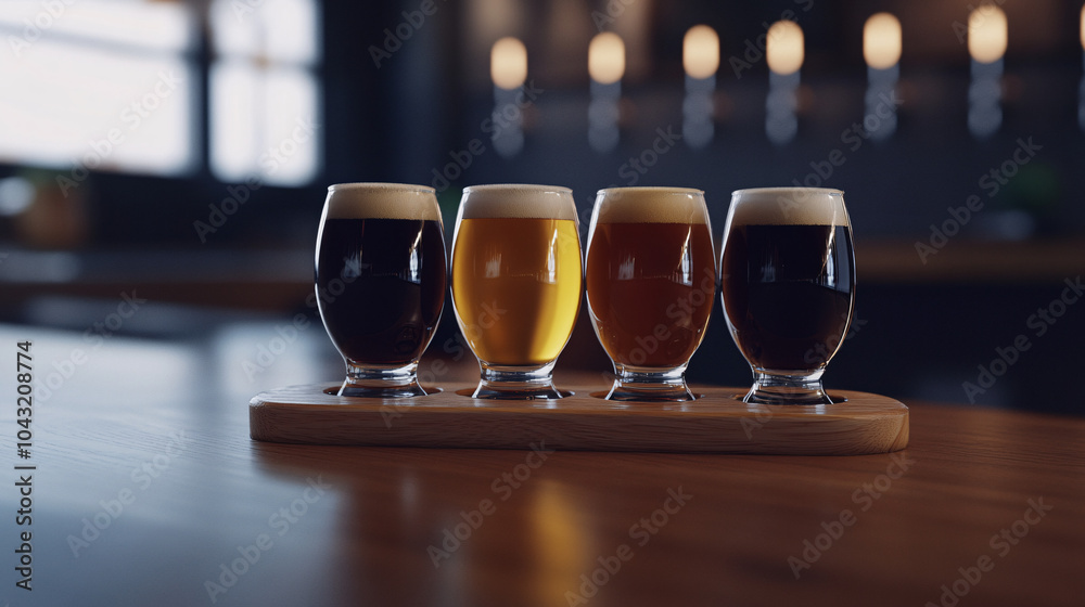 Craft Beer Tasting Flight on Wooden Board Craft Beer Tasting Flight on Wooden Board