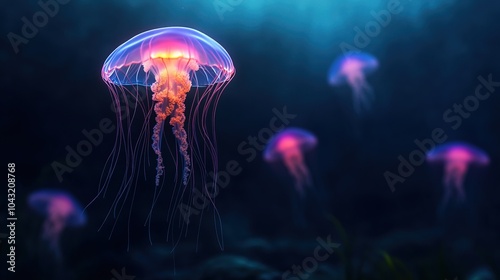 Surreal Underwater Scene with Glowing Jellyfish