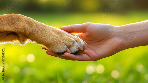 A Gentle Connection Between a Dogs Paw and a Human Hand in a Sunlit Green Field