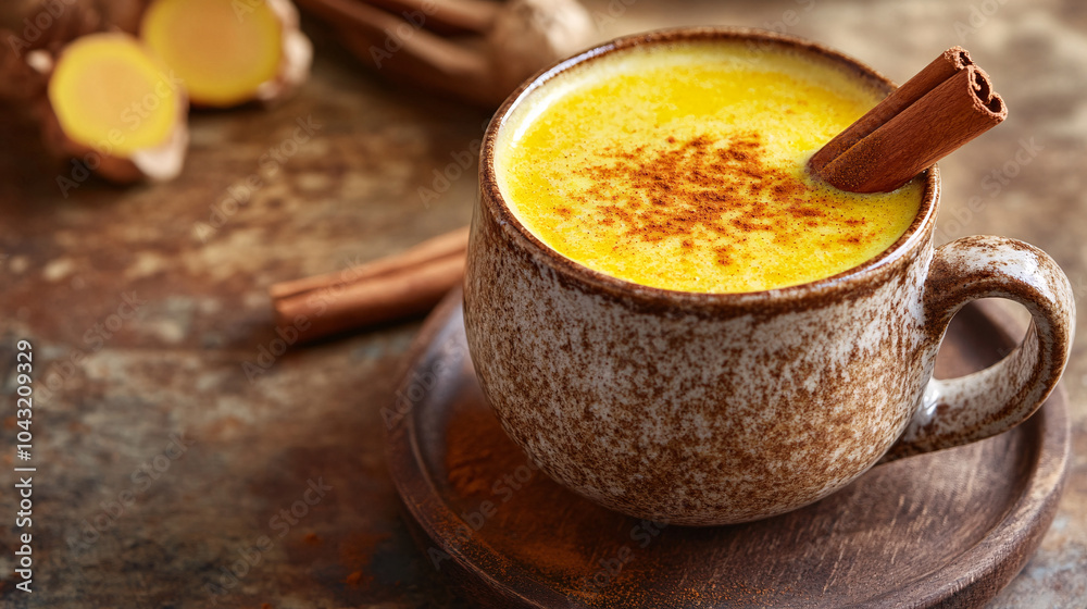 Golden Milk Latte with Cinnamon Stick and Ginger Root