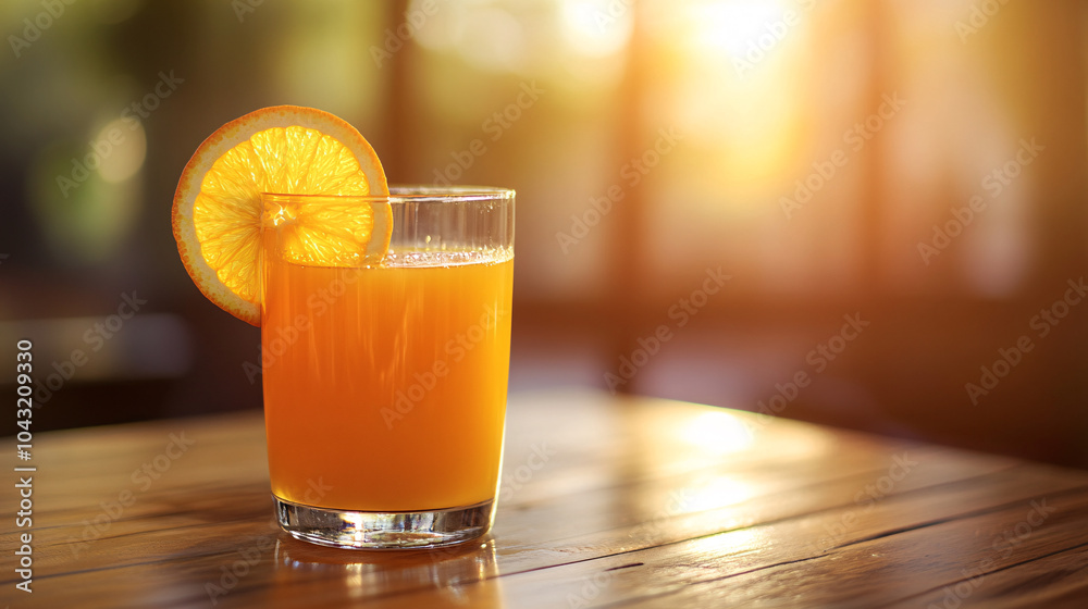 Glass of Orange Juice with Orange Slice on Wooden Table, Sunlight Glass of Orange Juice with Orange Slice on Wooden Table, Sunlight