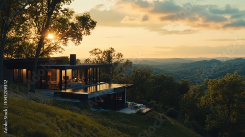 Prefab home on a hillside, with expansive views of the landscape at dusk.