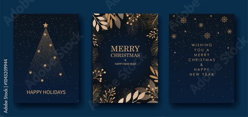 Merry Christmas and Happy New Year. Greeting card or invitation template with golden Christmas tree on blue background.