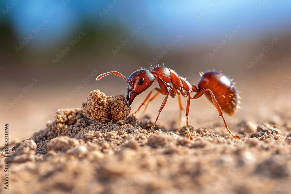 A red ant carrying a crumb of food in its mandibles, walking on sandy soil. A red ant carrying a crumb of food in its mandibles, walking on sandy soil.