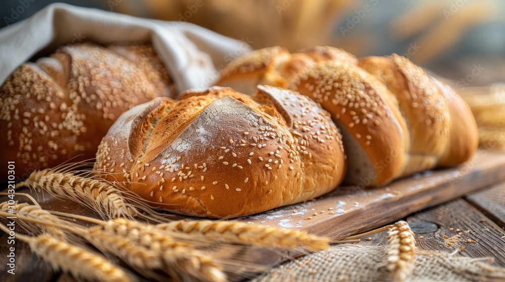 Freshly baked sesame loaves on a rustic wooden board surrounded by golden wheat in a warm kitchen setting. Generative AI Freshly baked sesame loaves on a rustic wooden board surrounded by golden wheat in a warm kitchen setting. Generative AI
