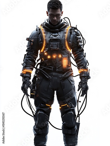 Gaming character man in a cyberpunk exosuit with glowing tech gear on a white background.