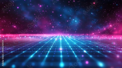 Glowing holographic grid of neon blue and purple lines floating in a dark space, creating a futuristic digital effect