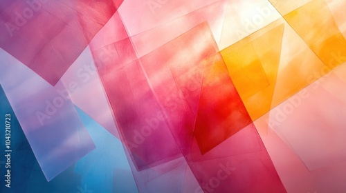 Layered transparent shapes in bright primary colors, floating over a soft pastel gradient