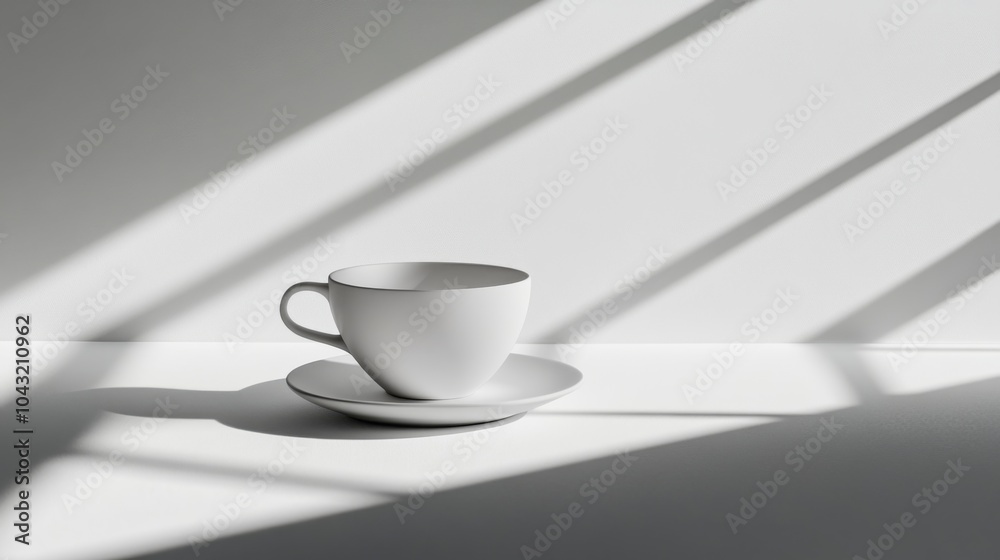 Fototapeta premium A white coffee cup and saucer sit on a white surface with light streaming through a window creating shadows.