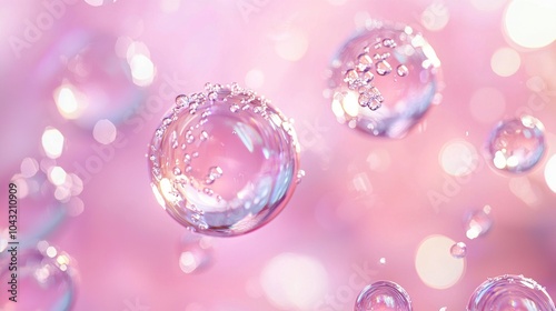 Pink shimmering soap bubbles floating with soft bokeh background Generative AI