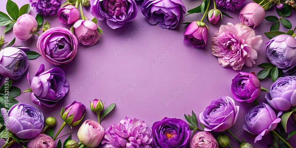 High angle frame of purple roses and peonies on purple background High angle frame of purple roses and peonies on purple background