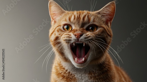 Furious Feline: A close-up portrait of a ginger cat expressing intense emotion, its mouth agape in a hiss, showcasing sharp teeth and piercing gaze. The image captures the essence of feline attitude.