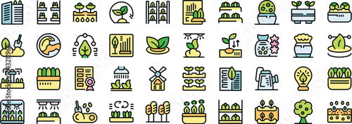 Growing plants and vegetables using innovative agriculture technologies vector icons set in thin line style