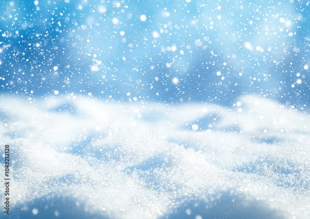 Φωτογραφία Close-up of snow-covered ground with falling snowflakes and a blue sky backgroun