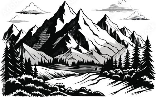 Gravure Sketch Of A Mountains vector design, PNG, JPG