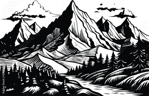 Gravure Sketch Of A Mountains vector design, PNG, JPG