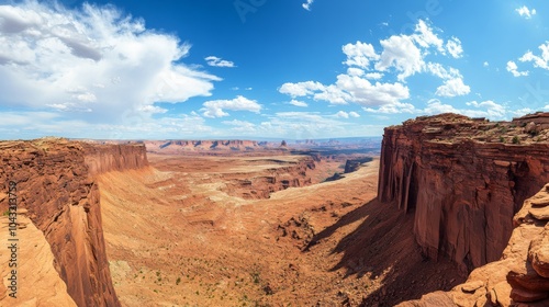 Panoramic view of a vast desert canyon with towering red rock cliffs and a blue sky with white clouds.