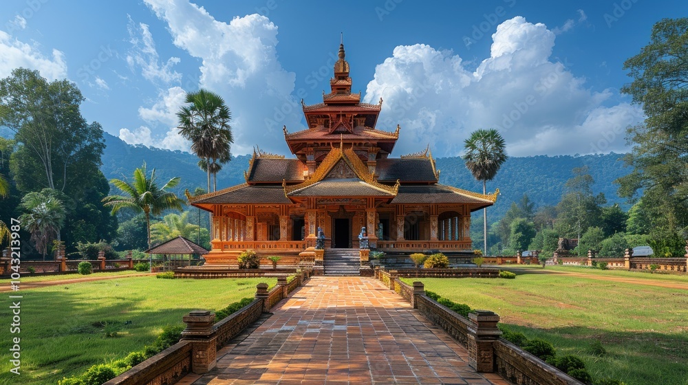 Obraz premium A serene temple nestled in lush greenery under a vibrant sky in a tranquil landscape setting. Generative AI