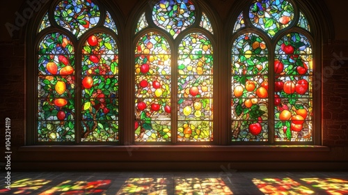 Vibrant stained glass windows showcasing a bountiful fruit orchard in a tranquil setting during the golden hour