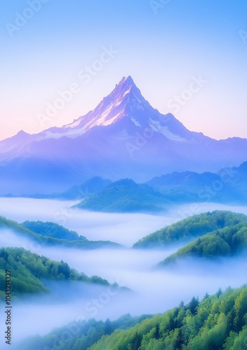 A serene mountain landscape shrouded in mist, with verdant hills beneath a pastel sky, creating a tranquil and picturesque scene.