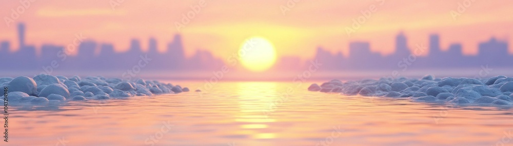 A serene sunset over a city skyline, with gentle waves reflecting shades of pink and orange in the water. A serene sunset over a city skyline, with gentle waves reflecting shades of pink and orange in the water.
