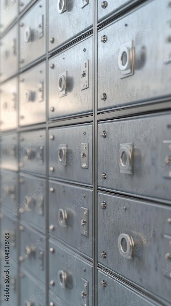 A close-up view of a series of metallic mailboxes in a structured arrangement. A close-up view of a series of metallic mailboxes in a structured arrangement.