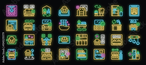 Neon icons showing a project using augmented reality to design and decorate the rooms of a house