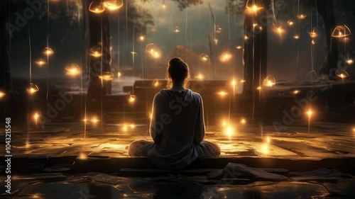 Woman sitting and meditating with floating lights moving upwards