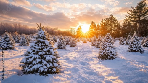 A Christmas tree farm covered in snow, with rows of evergreen trees ready to be selected and taken home for the holidays, with a warm sun setting in the background