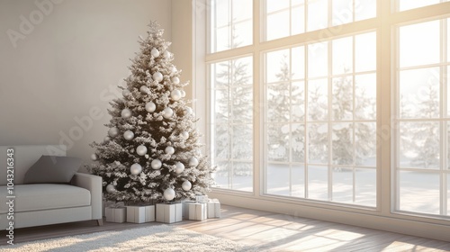 A modern, minimalist Christmas tree decorated with white and silver ornaments, standing in a stylish living room with large windows and soft winter light streaming in