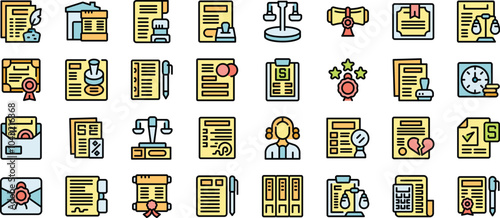 Notary public signing and authenticating document icons set vector illustration