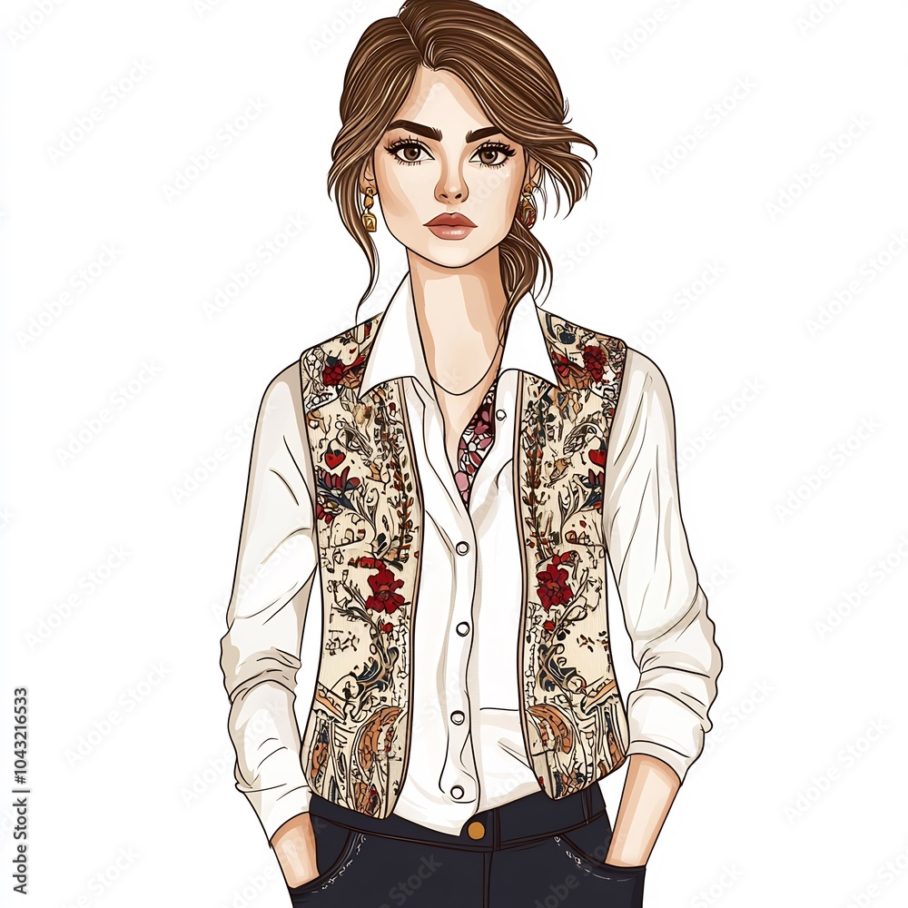 Office employee girl in a trendy, tailored vest with intricate detailing on a white background. Office employee girl in a trendy, tailored vest with intricate detailing on a white background.