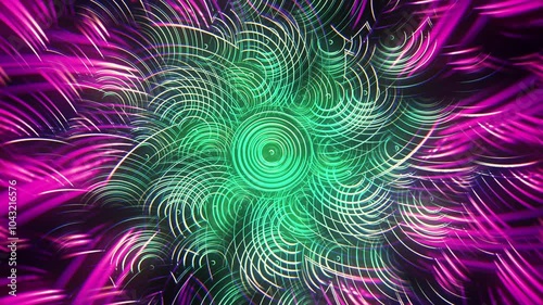 Neon Dynamic Rotating Rings. Radial Kaleidoscopic Glowing Abstract Background. Looped video.