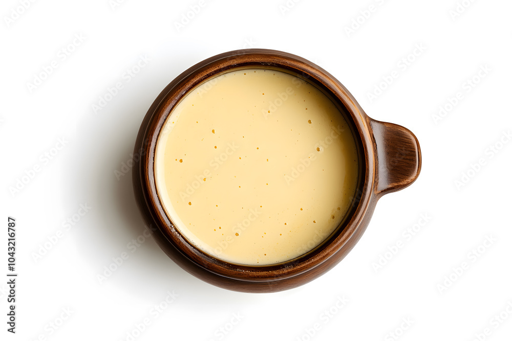 Pot of delicious cheese fondue top view isolated on white background Pot of delicious cheese fondue top view isolated on white background