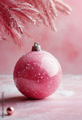 Eine einzelne Weihnachtskugel in Trendfarbe Transcendent Pink, bedeckt mit feinen Schneeflocken, vor einem monochromen pastellrosa Hintergrund. Minimalistische, festliche Szene. Generative KI. photo