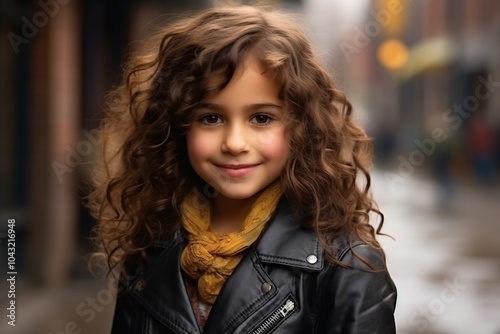 Portrait of a cute little girl with curly hair on the street