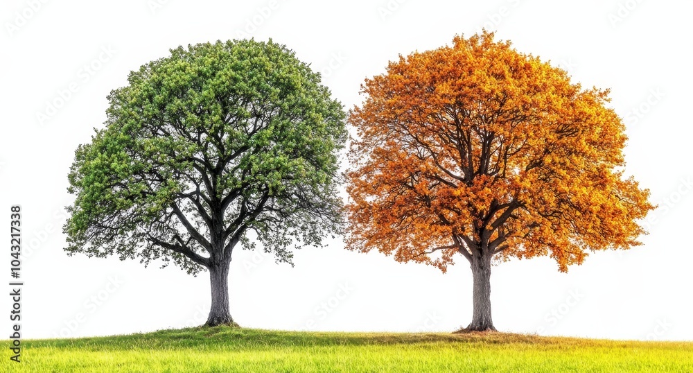 The trees of spring and autumn are isolated on a white background