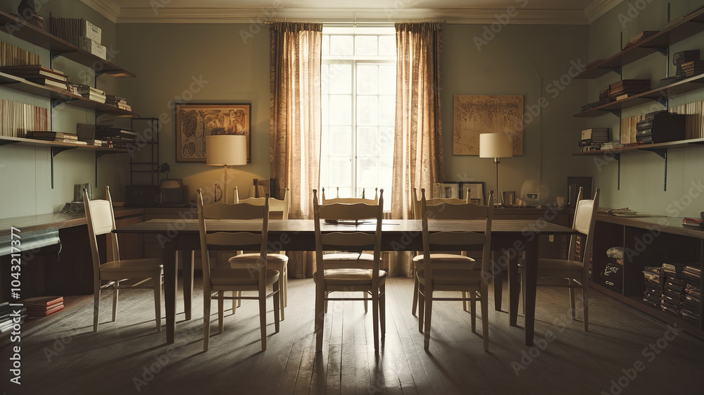 cinematic shot of dimly lit room featuring long wooden table surrounded by chairs, with shelves filled with books and soft lighting creating warm atmosphere cinematic shot of dimly lit room featuring long wooden table surrounded by chairs, with shelves filled with books and soft lighting creating warm atmosphere
