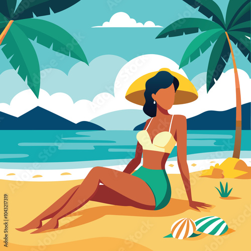a beautiful women sunbathing in beach vector illustration graphic design