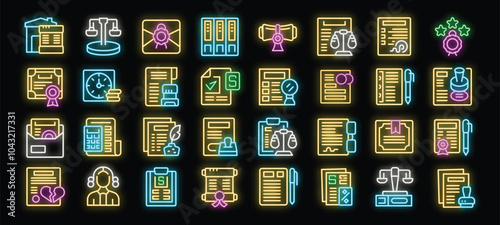 Neon icon set representing a notary public providing various notarial services, with glowing visuals of legal documents and related symbols