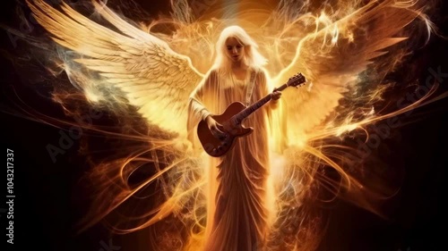 Winged angel with golden energy playing a guitar