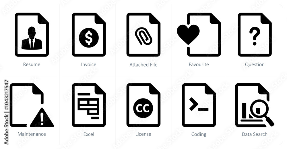 A set of 10 File icons as resume, invoice, attached file A set of 10 File icons as resume, invoice, attached file