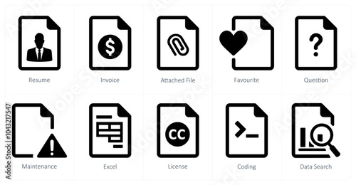 A set of 10 File icons as resume, invoice, attached file
