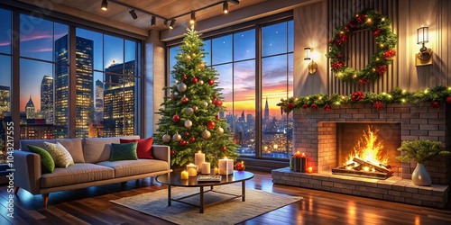 Contemporary Christmas Fireplace in Urban Setting with Cozy Decor and Warm Ambiance