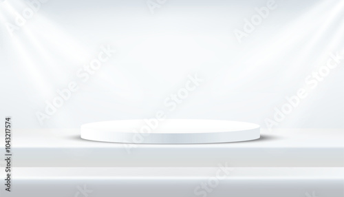 Abstract realistic cylinder pedestal podium 3d shape design. Blank stage empty space room. Minimal studio display showroom concept scene products display, stage showcase presentation. Vector
