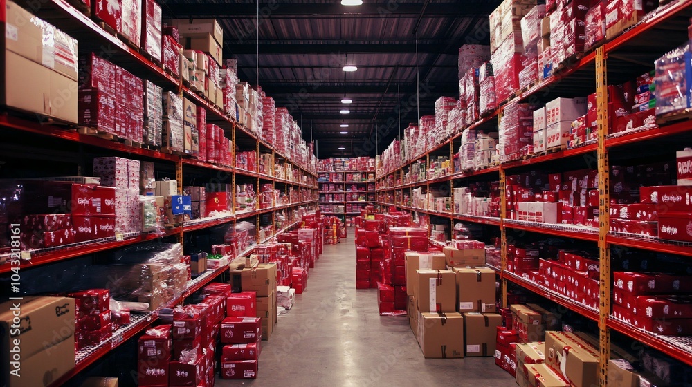 Warehouse filled with holiday packages, representing the peak season in logistics and distribution. Warehouse filled with holiday packages, representing the peak season in logistics and distribution.