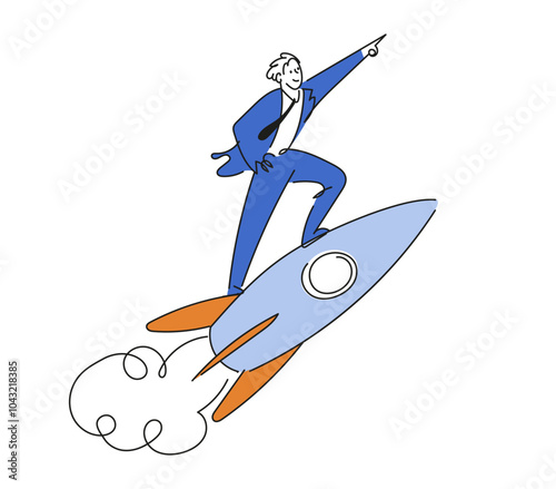 Businessman flies on a rocket and points his hand forward. Concept of startup, financial goals, rapid growth and development. Vector illustration of business.